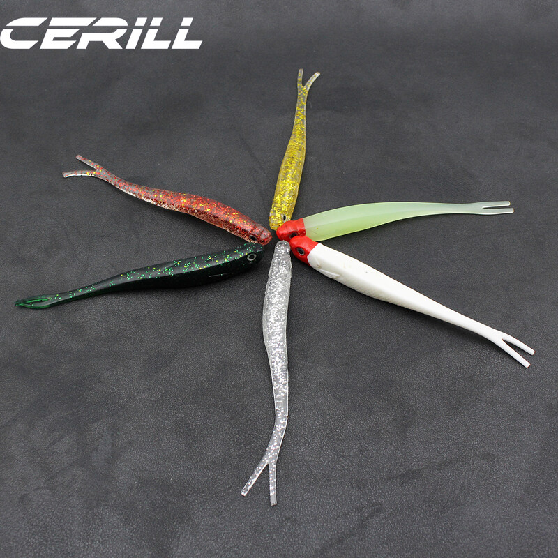 Cerill 5 bucăți 13 cm Shiner 3D Eyes Moale de pescuit Nalucă de pescuit Coada de furcă Momeală de vierme artificială Momeală strălucitoare Jig Wobbler Silicon Swimbait Pike