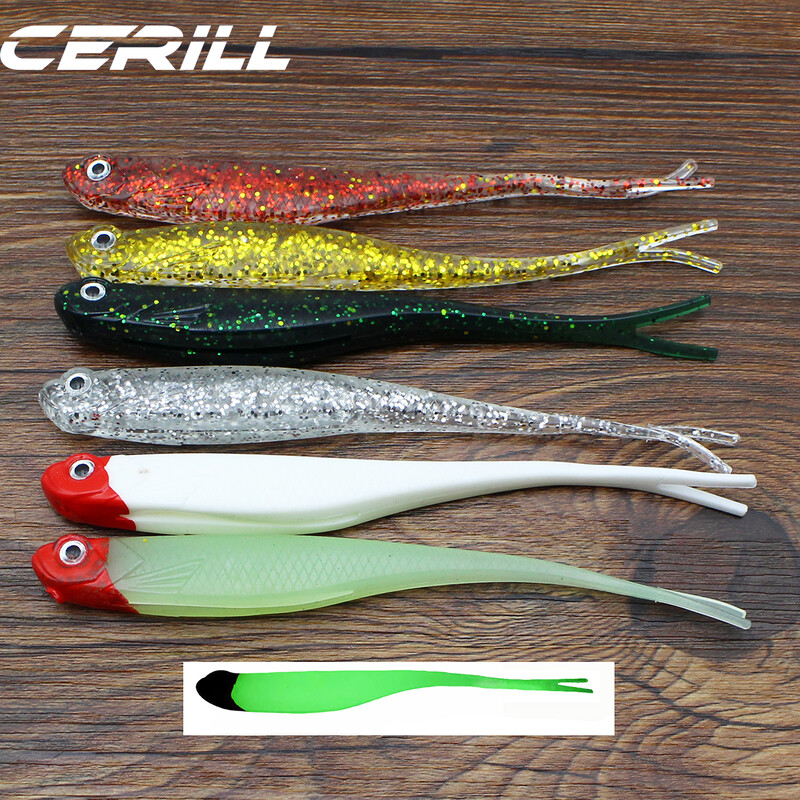 Cerill 5 bucăți 13 cm Shiner 3D Eyes Moale de pescuit Nalucă de pescuit Coada de furcă Momeală de vierme artificială Momeală strălucitoare Jig Wobbler Silicon Swimbait Pike