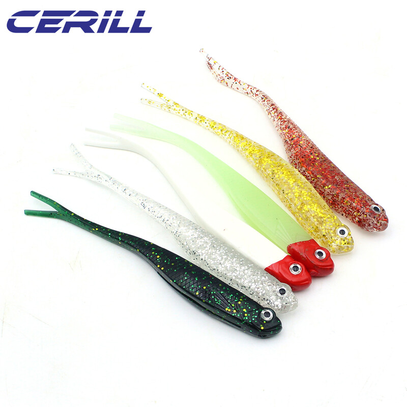 Cerill 5 bucăți 13 cm Shiner 3D Eyes Moale de pescuit Nalucă de pescuit Coada de furcă Momeală de vierme artificială Momeală strălucitoare Jig Wobbler Silicon Swimbait Pike