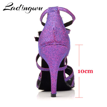 Ladingwu Latin Dance Παπούτσια Purple Flash ύφασμα Μέγεθος US 3,5-12 10cm ύψος τακουνιού Επαγγελματικά παπούτσια χορού Salsa για γυναίκες