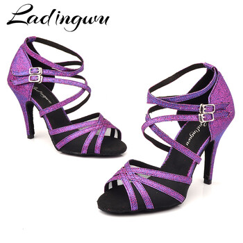 Ladingwu Latin Dance Παπούτσια Purple Flash ύφασμα Μέγεθος US 3,5-12 10cm ύψος τακουνιού Επαγγελματικά παπούτσια χορού Salsa για γυναίκες