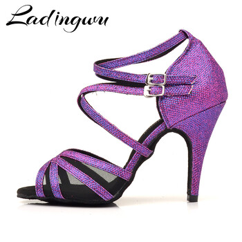 Ladingwu Latin Dance Παπούτσια Purple Flash ύφασμα Μέγεθος US 3,5-12 10cm ύψος τακουνιού Επαγγελματικά παπούτσια χορού Salsa για γυναίκες