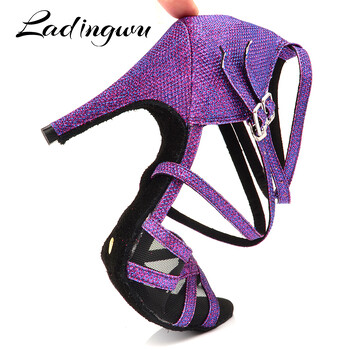 Ladingwu Latin Dance Παπούτσια Purple Flash ύφασμα Μέγεθος US 3,5-12 10cm ύψος τακουνιού Επαγγελματικά παπούτσια χορού Salsa για γυναίκες