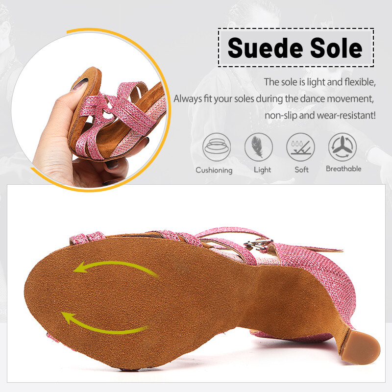 DKZSYIM Dámske latinskoamerické tanečné topánky na spoločenské cvičenie tanga, moderné tanečné topánky s vysokým podpätkom 5-10 cm, semišová podrážka, trblietavé dievčenské salsa topánky