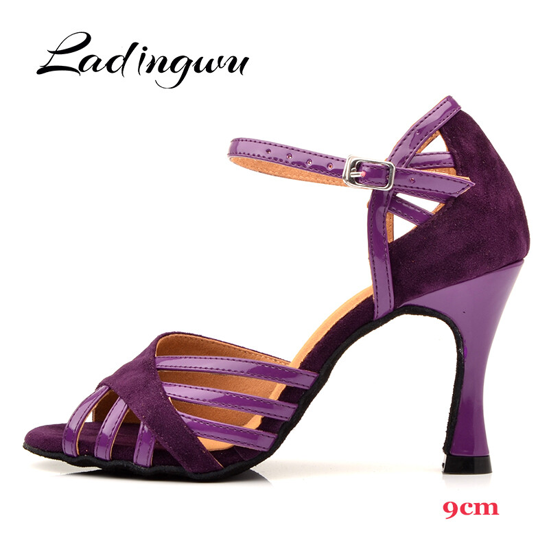 Ladingwu Pantofi de dans latino pentru femei din piele intoarsa si PU, mov nou, pentru petrecere, salsa, pantofi de dans cu toc cuba, 9 cm, pantofi de dans