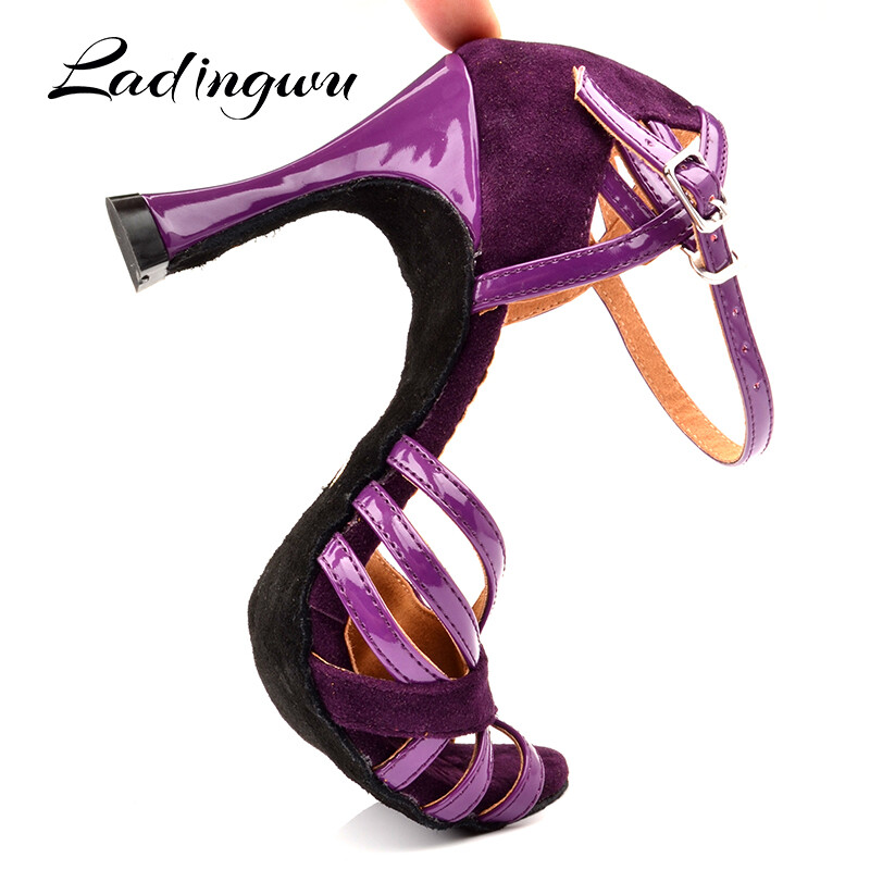 Ladingwu Pantofi de dans latino pentru femei din piele intoarsa si PU, mov nou, pentru petrecere, salsa, pantofi de dans cu toc cuba, 9 cm, pantofi de dans