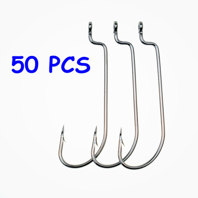 50 ΤΕΜ με μακριά λαβή Worm Barbed Fishing Hook Offset Fishhooks Texas Rigs Accessories