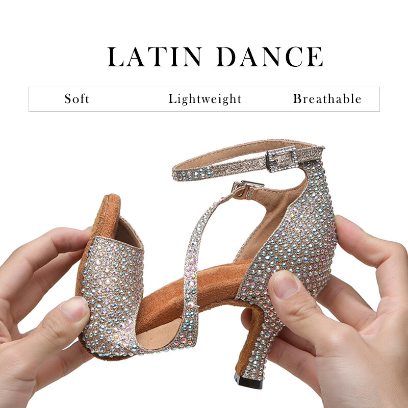 DKZSYIM Ladina tantsukingad naistele Ballroom Tango Rhinestones tantsukingad kõrged kontsad, mustad/hõbedased/kuldsed naiste pulmakingad