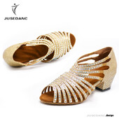 Pantofi de dans pentru femei Pantofi de dans cu strasuri Pantofi de dans tango Pantofi de dans salsa Latino Toc mijlociu Argintiu Aur JuseDanc