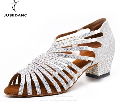 Pantofi de dans pentru femei Pantofi de dans cu strasuri Pantofi de dans tango Pantofi de dans salsa Latino Toc mijlociu Argintiu Aur JuseDanc