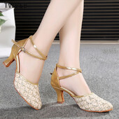 Pantofi de dans pentru femei, toc 7 cm, cu vârf închis, pantofi de dans latino, talpă din cauciuc, cu toc înalt, tango, salsa, pantofi de dans pentru fete