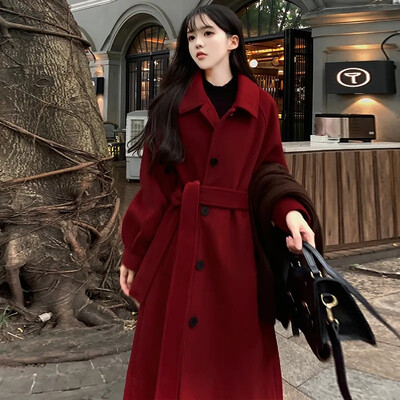 2024 Naiste sügis-talv Uus Korea lahtine villane mantel naiste vaba aja keskmise pikkusega versioon, retrovärvi üherealine pandlaga villane mantel