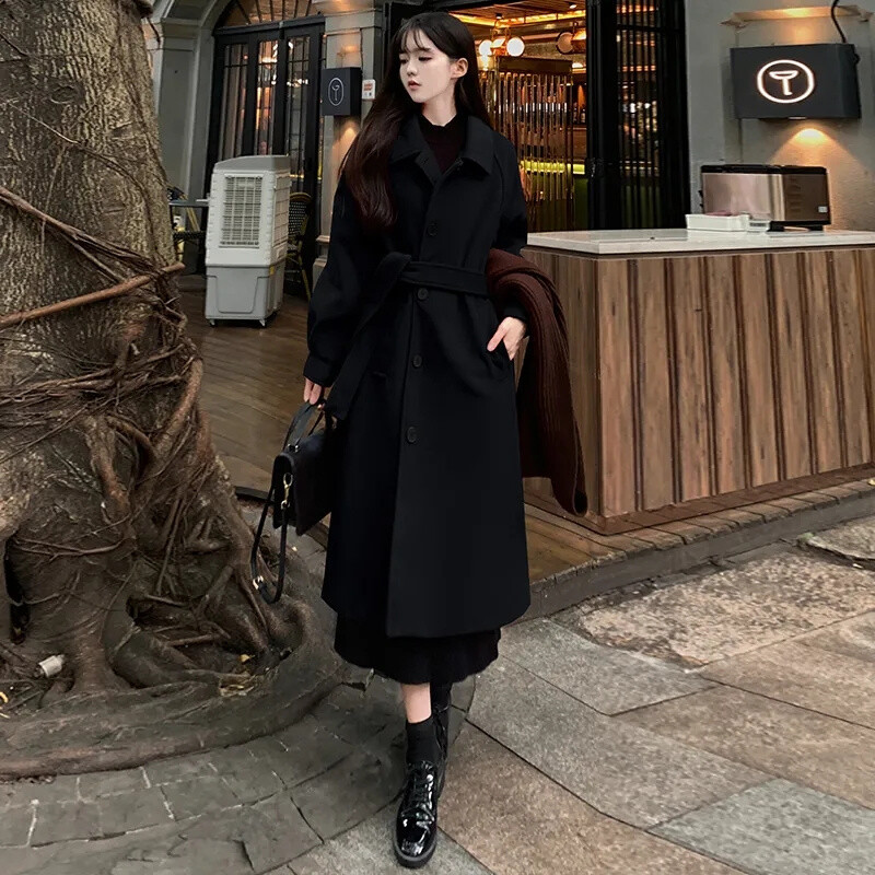 2024 Naiste sügis-talv Uus Korea lahtine villane mantel naiste vaba aja keskmise pikkusega versioon, retrovärvi üherealine pandlaga villane mantel