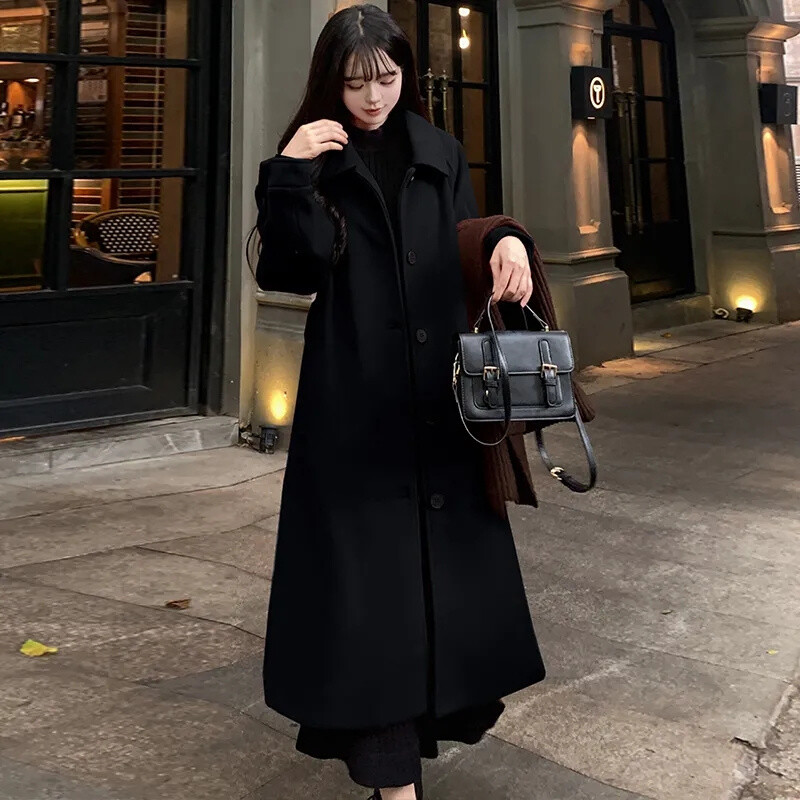 2024 Naiste sügis-talv Uus Korea lahtine villane mantel naiste vaba aja keskmise pikkusega versioon, retrovärvi üherealine pandlaga villane mantel