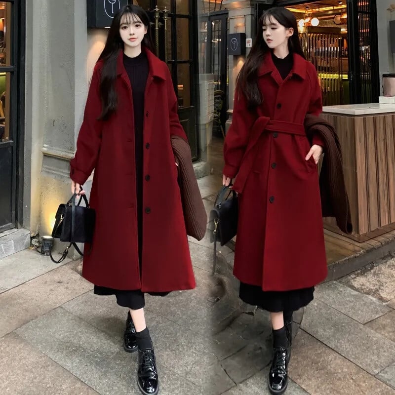 2024 Naiste sügis-talv Uus Korea lahtine villane mantel naiste vaba aja keskmise pikkusega versioon, retrovärvi üherealine pandlaga villane mantel