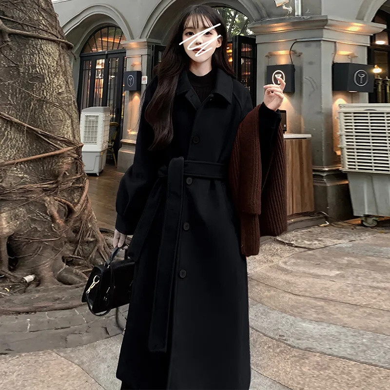 2024 Naiste sügis-talv Uus Korea lahtine villane mantel naiste vaba aja keskmise pikkusega versioon, retrovärvi üherealine pandlaga villane mantel