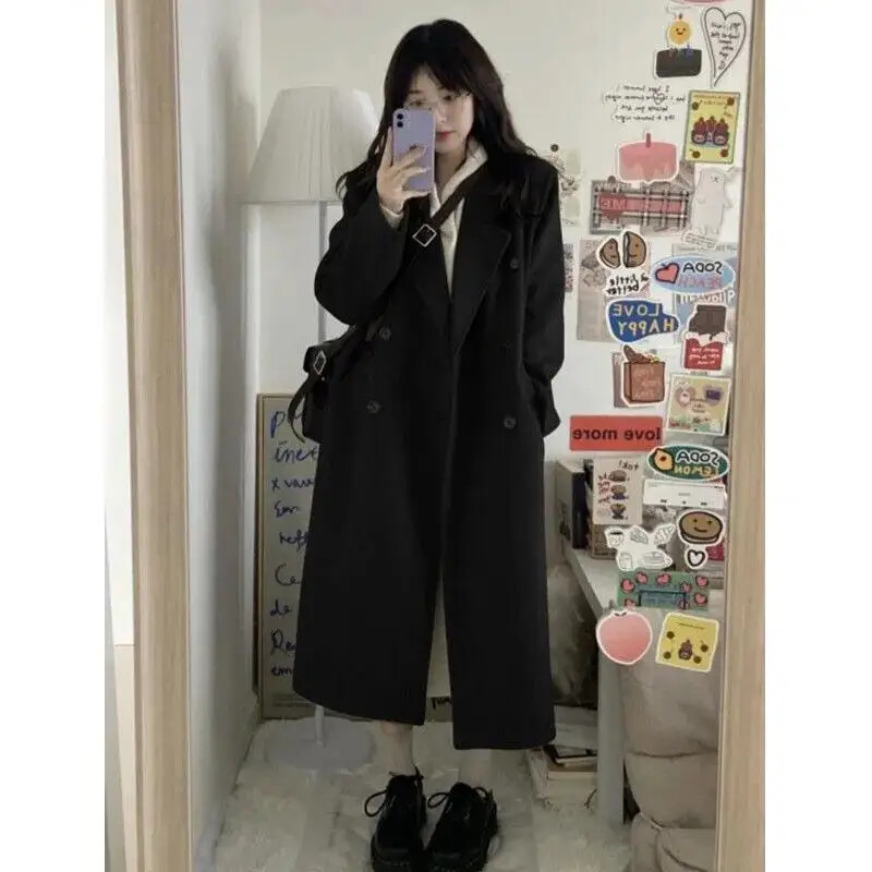 Μαύρο μάλλινο μπουφάν διπλής σειράς για γυναίκες Μοντέρνο κορεάτικο παλτό Vintage Παλτό Petite Autumn Winter New Arrival