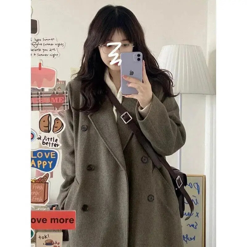 Μαύρο μάλλινο μπουφάν διπλής σειράς για γυναίκες Μοντέρνο κορεάτικο παλτό Vintage Παλτό Petite Autumn Winter New Arrival