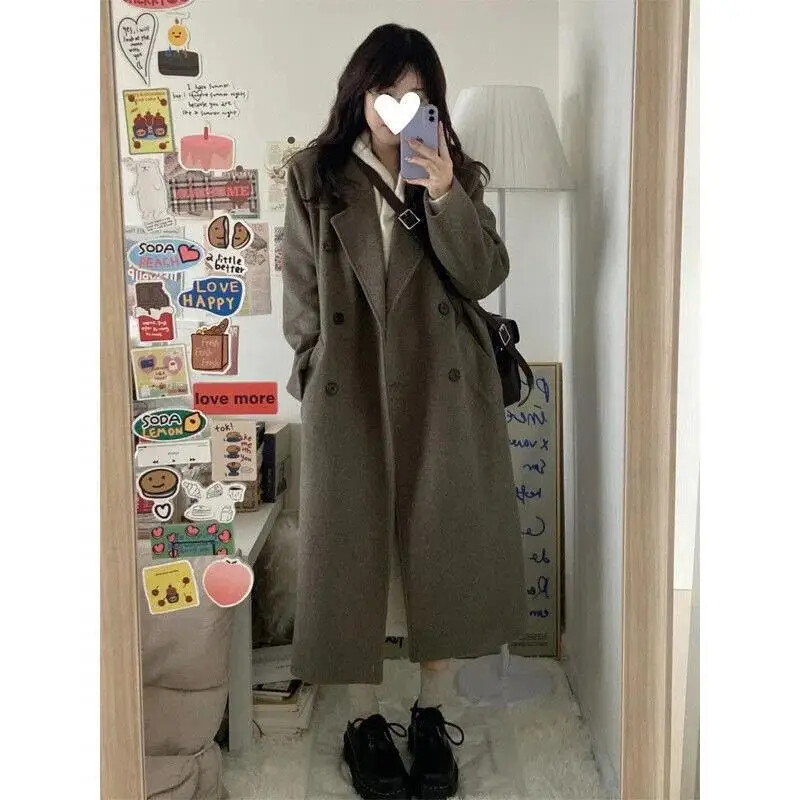 Μαύρο μάλλινο μπουφάν διπλής σειράς για γυναίκες Μοντέρνο κορεάτικο παλτό Vintage Παλτό Petite Autumn Winter New Arrival