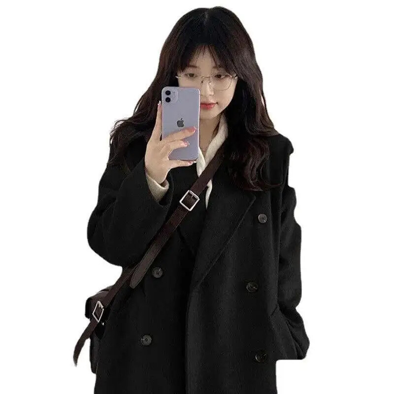Μαύρο μάλλινο μπουφάν διπλής σειράς για γυναίκες Μοντέρνο κορεάτικο παλτό Vintage Παλτό Petite Autumn Winter New Arrival