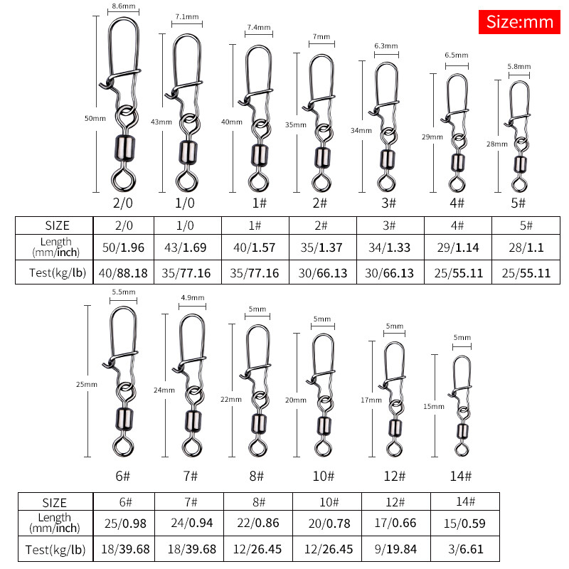 MEREDITH Fishing Connector 50PCS/Lot 2# 4# 6# 8# 10# Pin Bearing Rolling Rolling inox inox with Snap Fishhook Lure Tackle