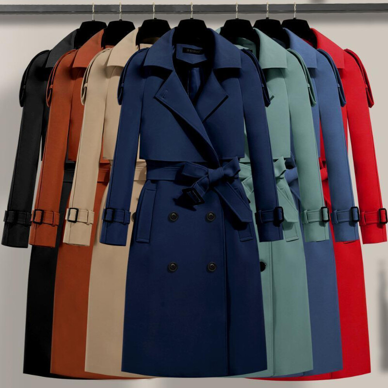 Paltoane lungi de damă cu centură, de toamnă, coreeană, pentru femei, cu piept dublu, solid kaki, cu talie reglabilă, trenci pentru femei