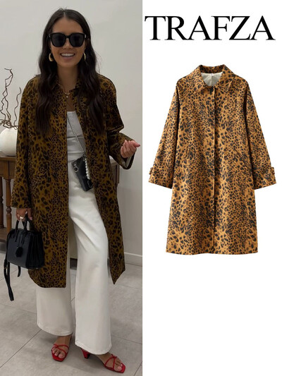 TRAFZA Jachetă de damă cu rever leopard, de primăvară, haină de stradă, chic, cu mânecă lungă, buzunar cu nasturi ascunse, haină slăbită pentru femei, TRAF