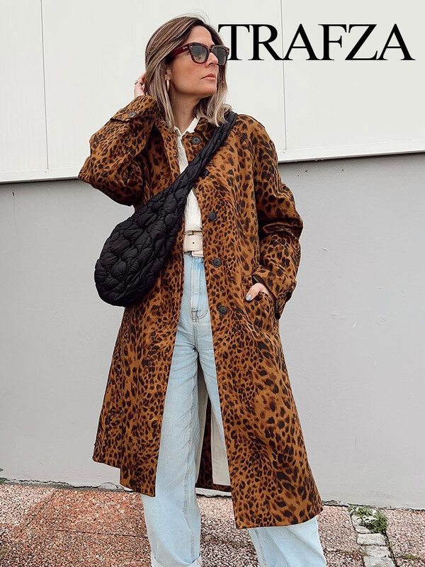 TRAFZA Proljetna retro ženska jakna s leopard reverom Ulični kaput Chic dugih rukava sa skrivenim džepovima na gumbima Široki ženski uski kaput TRAF