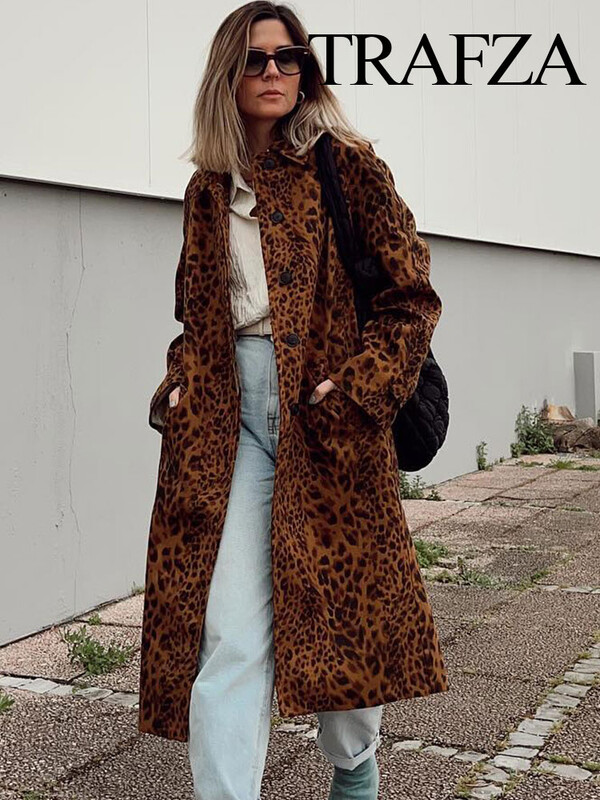 TRAFZA Proljetna retro ženska jakna s leopard reverom Ulični kaput Chic dugih rukava sa skrivenim džepovima na gumbima Široki ženski uski kaput TRAF