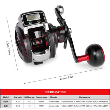 Πλήρες μεταλλικό 14+1BB Αριστερό / Δεξί καρούλι ψαρέματος με ψηφιακή οθόνη LED Ηλεκτρονικό Baitcasting Line Counter Roel 6.3:1 Casting Roel