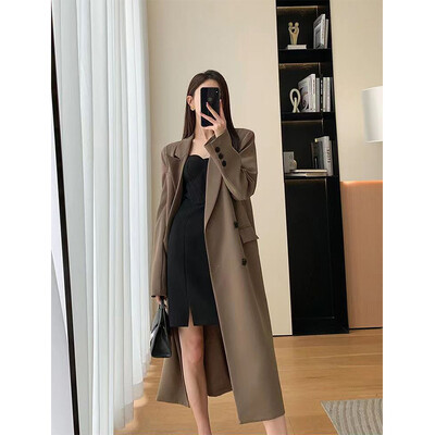 Trenci lung pentru femei de birou, jachetă elegantă cu două piepte, haine de stradă, pardesiu coreean Harajuku casual