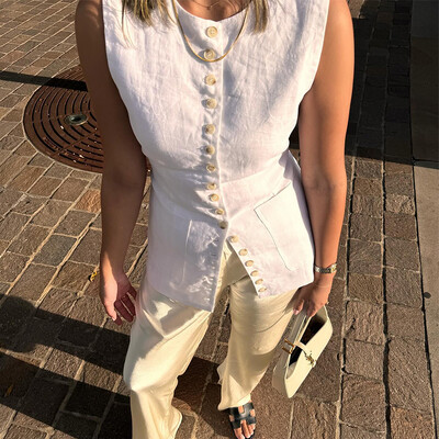 Vestă lungă, elegantă, cu un singur piept, pentru femei, vară, cu decolteu în formă de O, fără mâneci, subțire, la spate, cu dantelă, maiuri, vestă de birou nouă, la modă