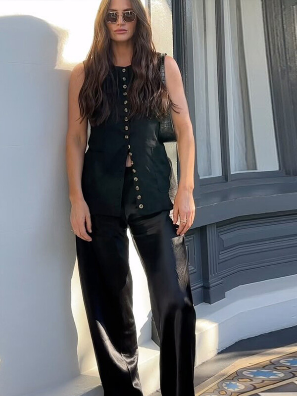 Vestă lungă, elegantă, cu un singur piept, pentru femei, vară, cu decolteu în formă de O, fără mâneci, subțire, la spate, cu dantelă, maiuri, vestă de birou nouă, la modă