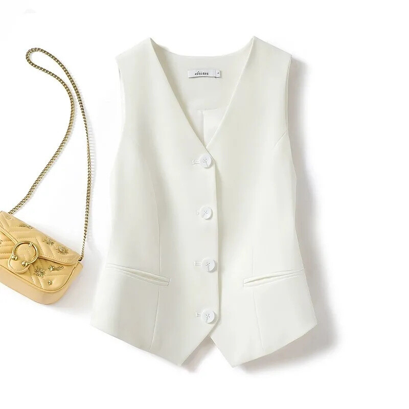 2024. aasta suve V-kaelusega naiste vest õhuke avar vest, üherealine varrukateta bleiser, naiste õhuke lühike vest, õhukesed nööbid