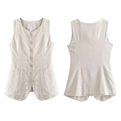 Дамска жилетка с ленено райе без ръкави Офис дамски топ 2024 Лятна елегантна жилетка Едноредни женски ежедневни топове Модни