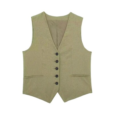 TRAFZA Vestă solidă de modă pentru femei Top vintage cu decolteu în V cu nasturi Veste casual largi de vară Y2K femei Streetwear Topuri șic îmbrăcăminte exterioară