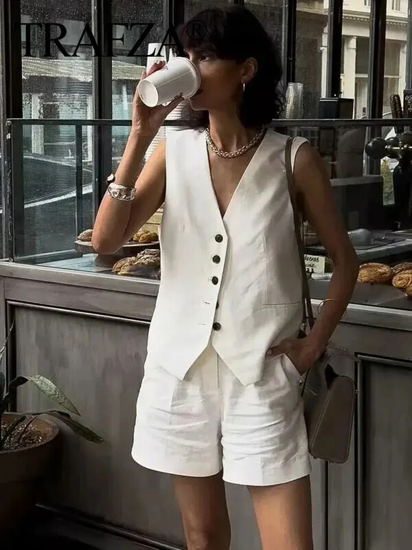 TRAFZA Vestă solidă de modă pentru femei Top vintage cu decolteu în V cu nasturi Veste casual largi de vară Y2K femei Streetwear Topuri șic îmbrăcăminte exterioară