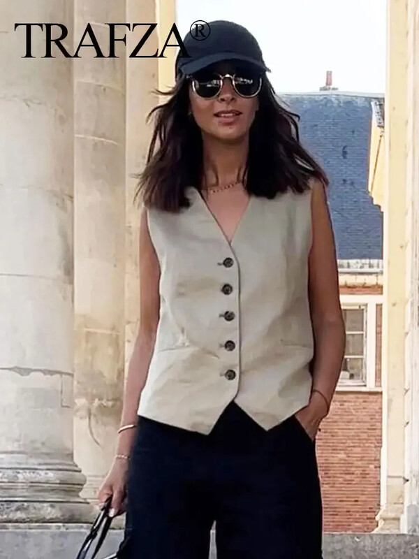 TRAFZA Vestă solidă de modă pentru femei Top vintage cu decolteu în V cu nasturi Veste casual largi de vară Y2K femei Streetwear Topuri șic îmbrăcăminte exterioară
