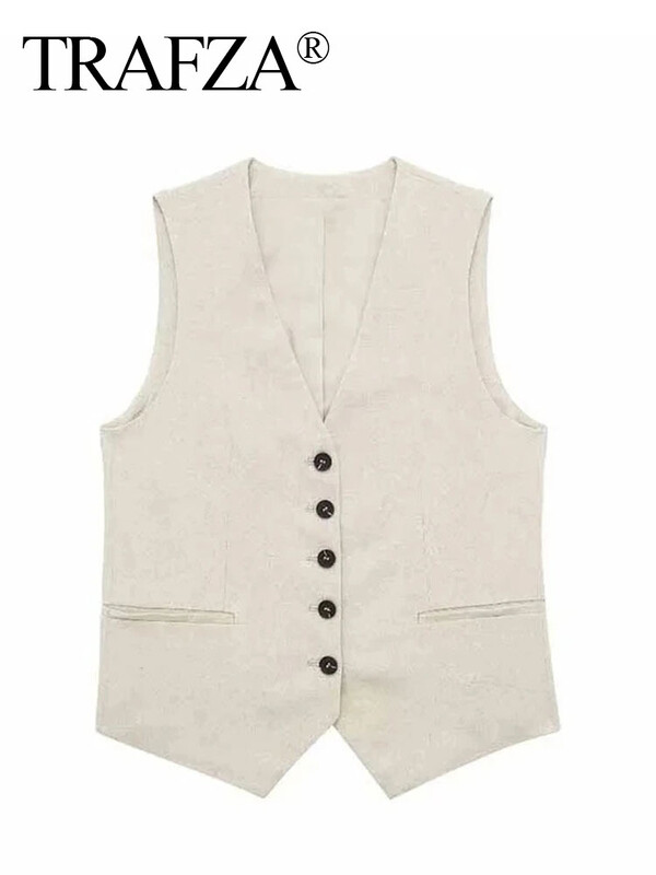 TRAFZA Vestă solidă de modă pentru femei Top vintage cu decolteu în V cu nasturi Veste casual largi de vară Y2K femei Streetwear Topuri șic îmbrăcăminte exterioară