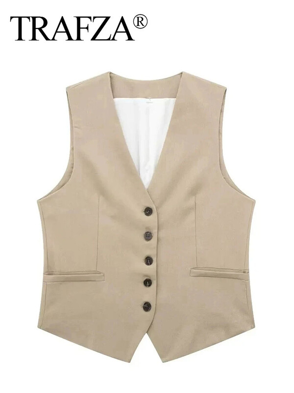 TRAFZA Vestă solidă de modă pentru femei Top vintage cu decolteu în V cu nasturi Veste casual largi de vară Y2K femei Streetwear Topuri șic îmbrăcăminte exterioară