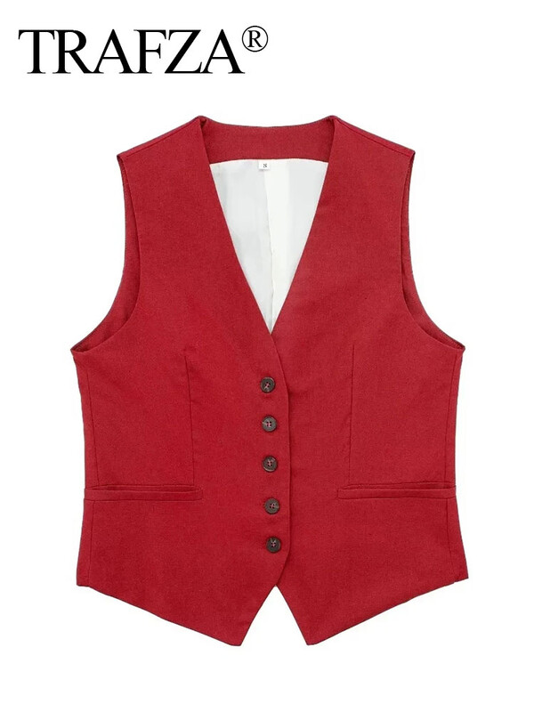 TRAFZA Vestă solidă de modă pentru femei Top vintage cu decolteu în V cu nasturi Veste casual largi de vară Y2K femei Streetwear Topuri șic îmbrăcăminte exterioară