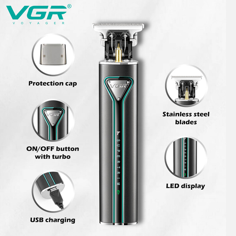 VGR Hair Trimmer T9 Hair Clipper Μεταλλικό μηχάνημα κούρεμα Επαγγελματικές επαναφορτιζόμενες ηλεκτρικές κουρευτικές μηχανές για άνδρες V-009