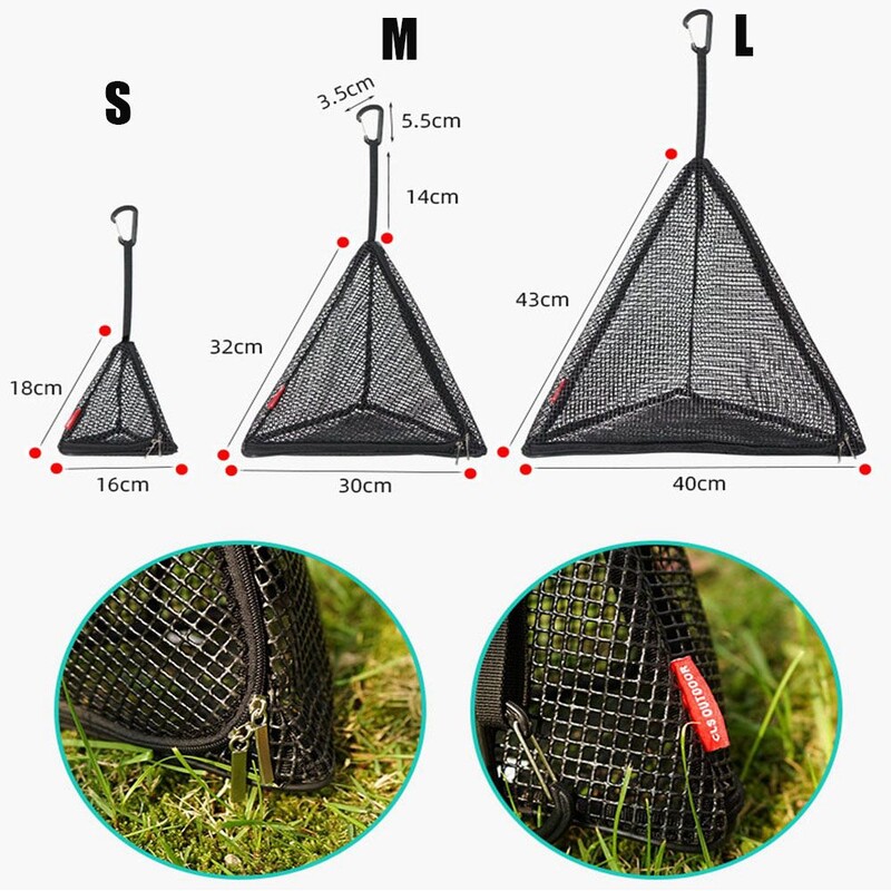 Καλάθι υπαίθριου κάμπινγκ κουζίνας Τρίγωνο Πτυσσόμενο μαγειρικό σκεύος Δίχτυ αποθήκευσης Διχτυωτό κρεμαστή τσάντα για πικ-νικ Οργανωτής ξηρών τροφών