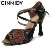 CINMIDY Γυναικεία λατινικά παπούτσια χορού Tango Salsa Rumba Waltz Ballroom Training shoes Black Blue 5CM- 10CM Κορίτσια σατέν ψηλοτάκουνα