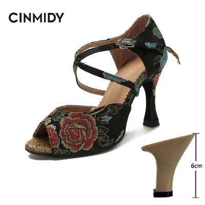 CINMIDY Γυναικεία λατινικά παπούτσια χορού Tango Salsa Rumba Waltz Ballroom Training shoes Black Blue 5CM- 10CM Κορίτσια σατέν ψηλοτάκουνα