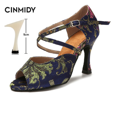 CINMIDY Γυναικεία λατινικά παπούτσια χορού Tango Salsa Rumba Waltz Ballroom Training shoes Black Blue 5CM- 10CM Κορίτσια σατέν ψηλοτάκουνα