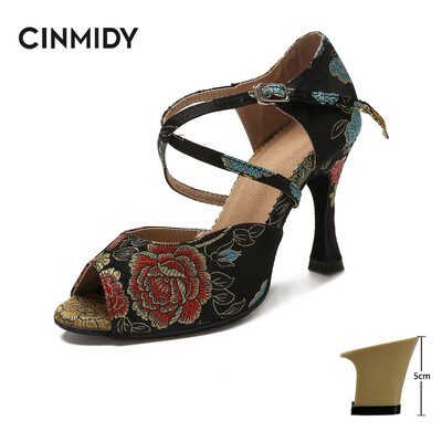 CINMIDY Γυναικεία λατινικά παπούτσια χορού Tango Salsa Rumba Waltz Ballroom Training shoes Black Blue 5CM- 10CM Κορίτσια σατέν ψηλοτάκουνα