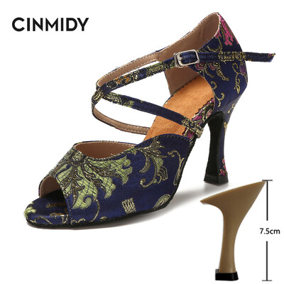 CINMIDY Γυναικεία λατινικά παπούτσια χορού Tango Salsa Rumba Waltz Ballroom Training shoes Black Blue 5CM- 10CM Κορίτσια σατέν ψηλοτάκουνα