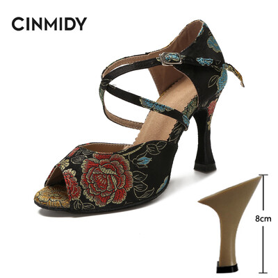 CINMIDY Γυναικεία λατινικά παπούτσια χορού Tango Salsa Rumba Waltz Ballroom Training shoes Black Blue 5CM- 10CM Κορίτσια σατέν ψηλοτάκουνα