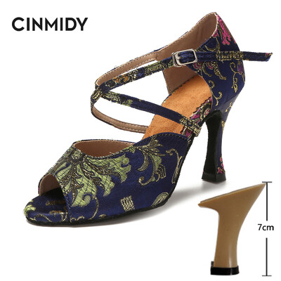 CINMIDY Γυναικεία λατινικά παπούτσια χορού Tango Salsa Rumba Waltz Ballroom Training shoes Black Blue 5CM- 10CM Κορίτσια σατέν ψηλοτάκουνα